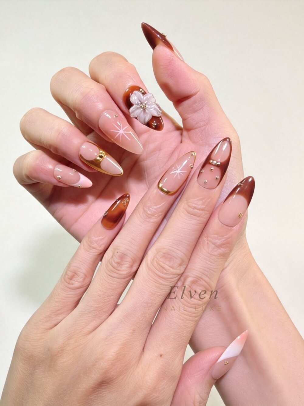 Nude & Brown French Tips With Floral Handmade Press On Nails Almond Shape